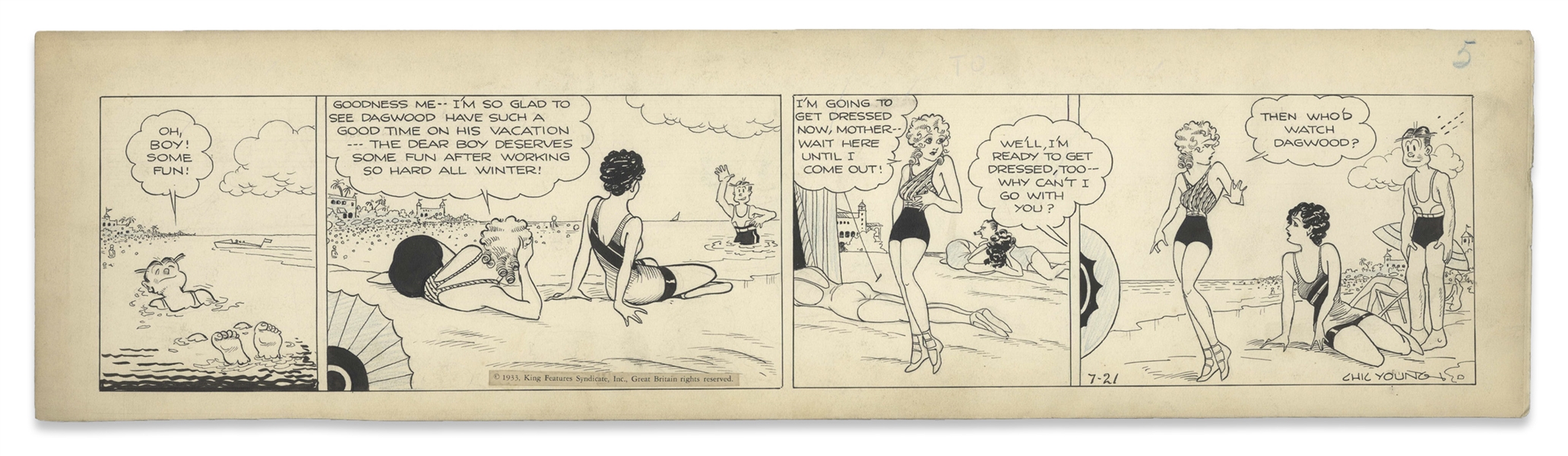 Chic Young Hand-Drawn ''Blondie'' Comic Strip From 1933 Titled ''A Free Soul'' -- The Bumsteads on Vacation